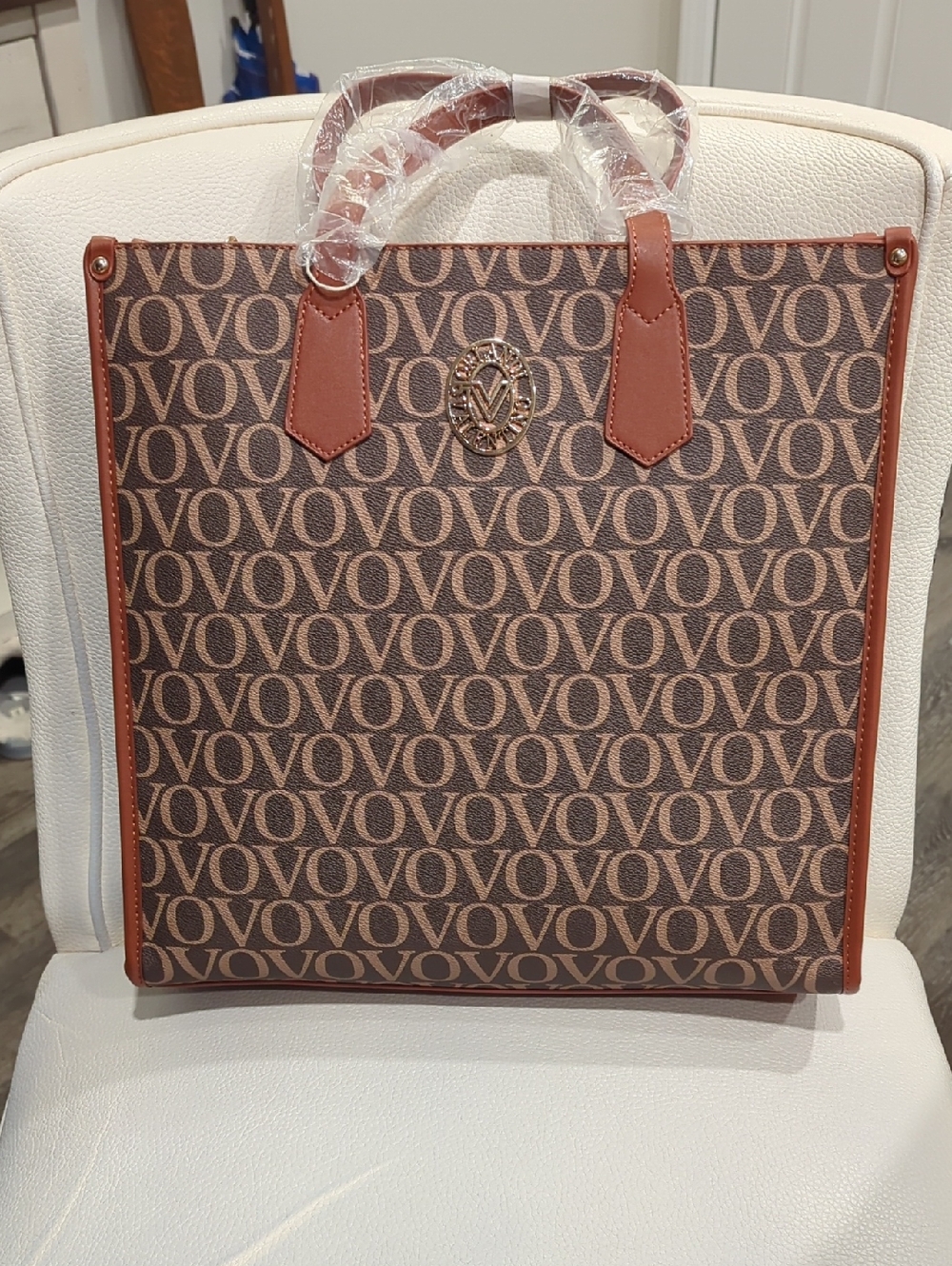 Valentino Orlandi Brown Monogram Tote with Tan Trim